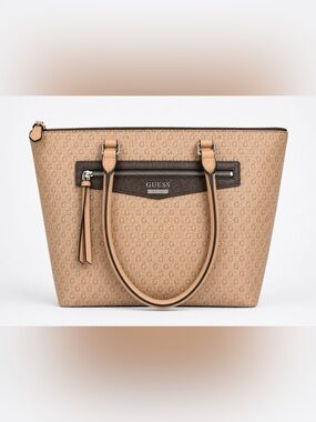 GUESS F-60 Signature Monogram Tote Bag Tan Beige Logo Zip Top
